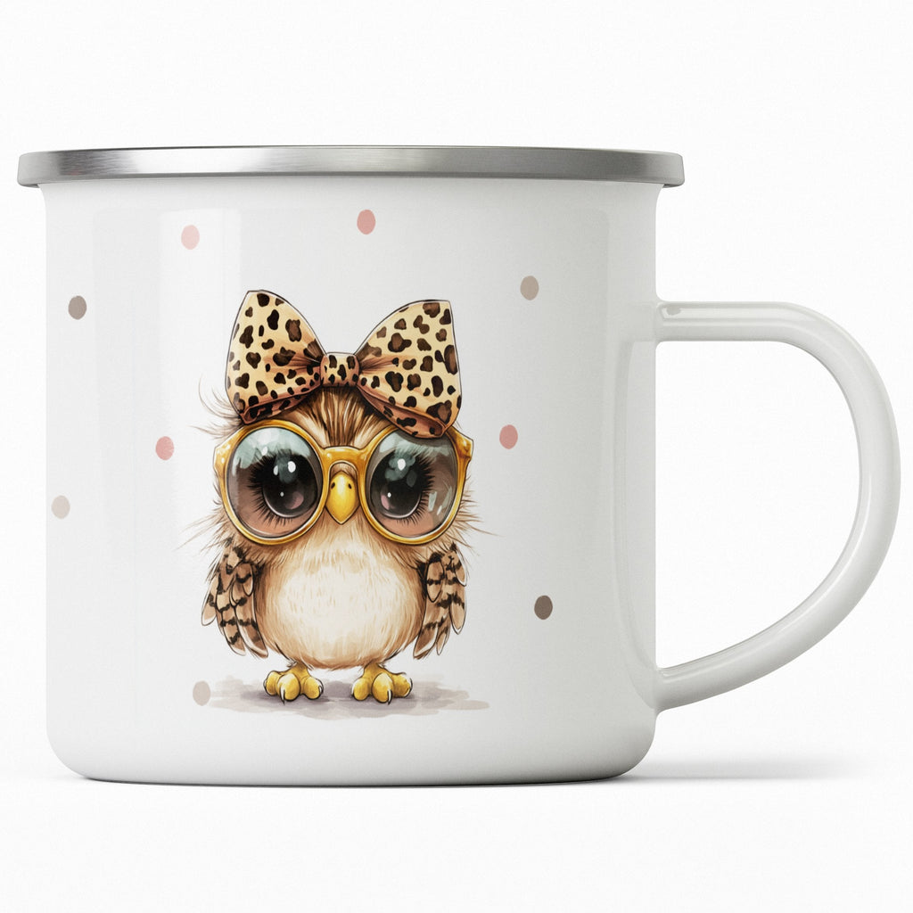 Emaille Tasse Süße Eule mit Brille und Punktmuster mit Name personalisiert & Motiv | Geschenkidee (7474) - von Mikalino