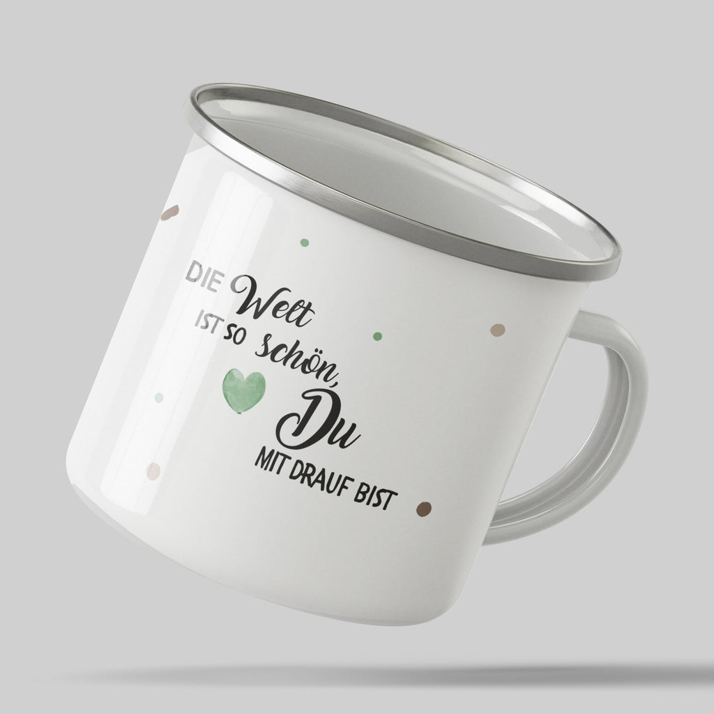 Emaille Tasse Die Welt ist so schön Du mit drauf bist mit Name personalisiert & Motiv | Geschenkidee (7479) - von Mikalino