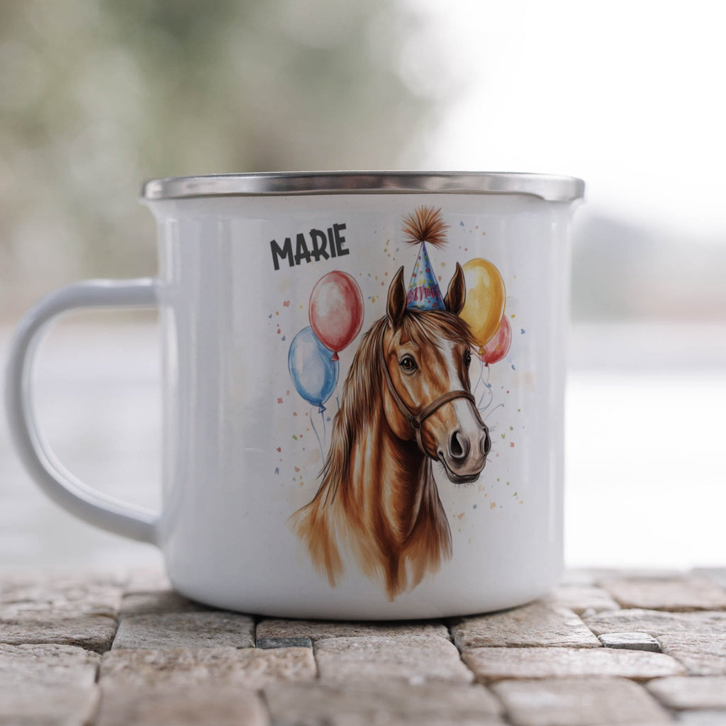 Emaille Tasse Schöne Party-Pferdebecher mit bunten Ballons mit Name personalisiert & Motiv | Geschenkidee (7494) - von Mikalino