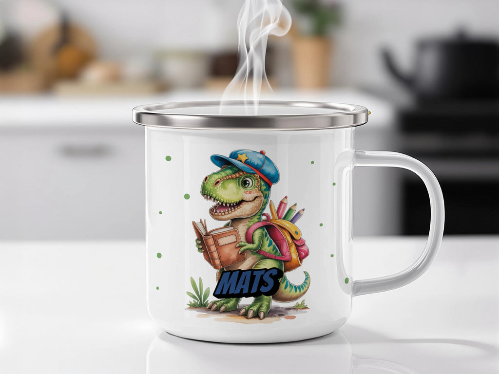 Dinosaur with Book Graphic on White Mug product type