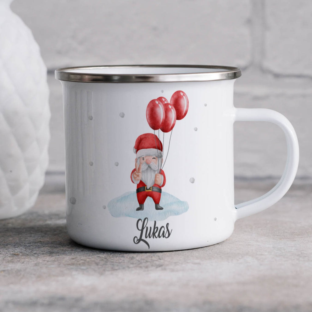 Emaille Tasse Weihnachtsmann mit Luftballons und Name Weihnachten mit Name personalisiert & Motiv | Geschenkidee (7470) - von Mikalino