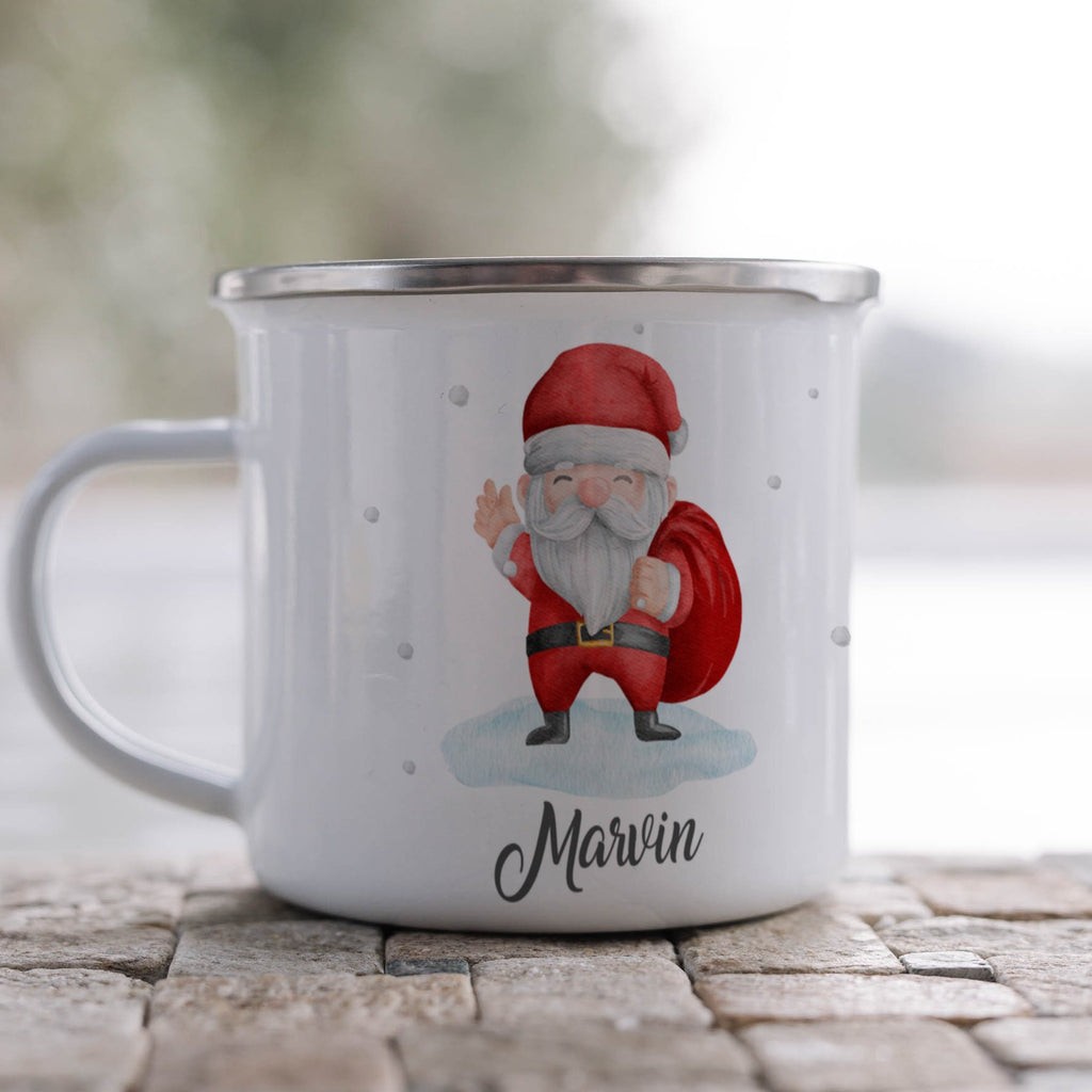 Emaille Tasse Lustiger Weihnachtsmann Design Weihnachten mit Name personalisiert & Motiv | Geschenkidee (7469) - von Mikalino