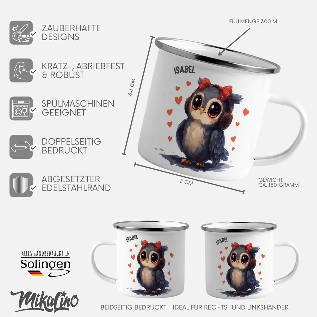 Emaille Tasse Süße Eule mit roten Herzen Kaffeetassen mit Name personalisiert & Motiv | Geschenkidee (7476) - von Mikalino