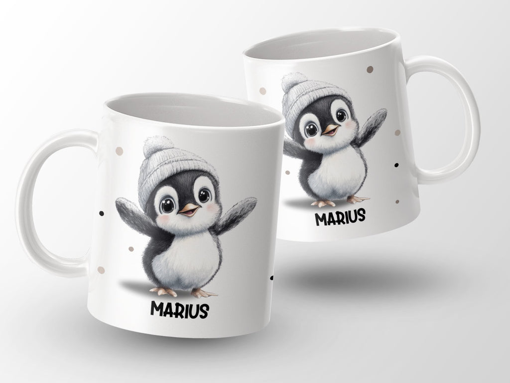 Keramik Tasse mit Wunschname niedlicher Pinguin - von Mikalino