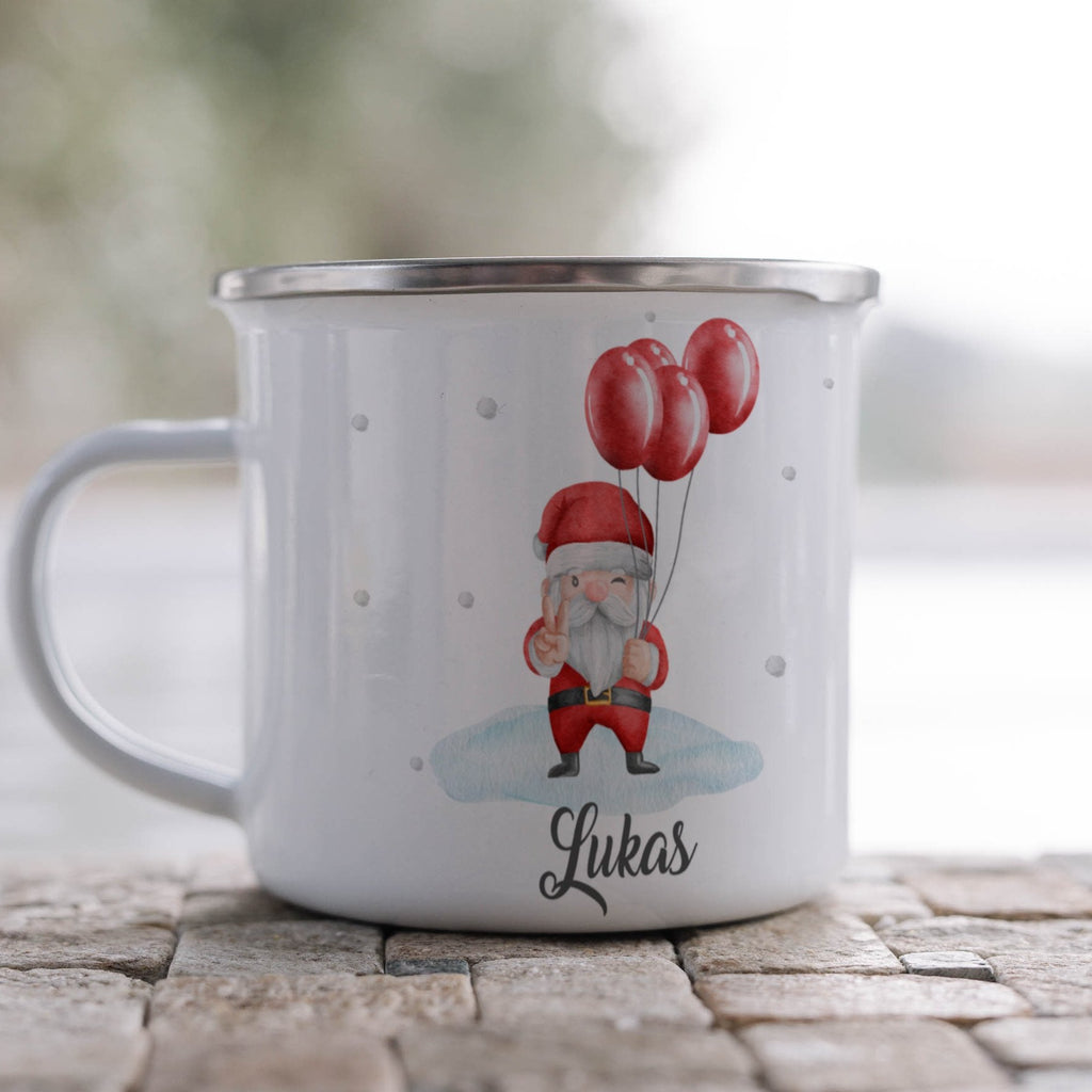 Emaille Tasse Weihnachtsmann mit Luftballons und Name Weihnachten mit Name personalisiert & Motiv | Geschenkidee (7470) - von Mikalino