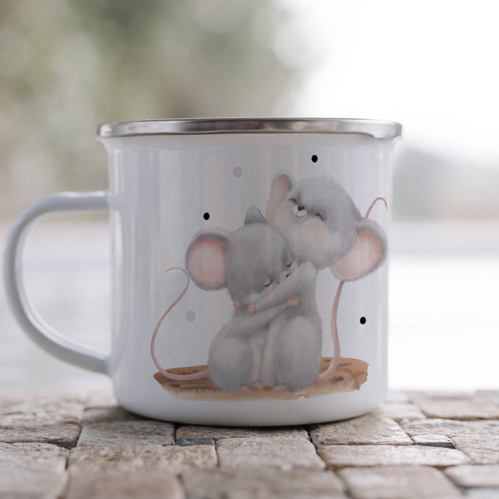 Emaille Tasse Bezaubernde Knuddelnd Mäuse Design Kaffeebecher mit Name personalisiert & Motiv | Geschenkidee (7484) - von Mikalino