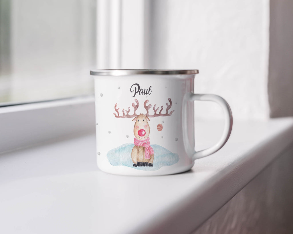 Emaille Tasse Personalisierte Rentier Design Weihnachten mit Name personalisiert & Motiv | Geschenkidee (7472) - von Mikalino