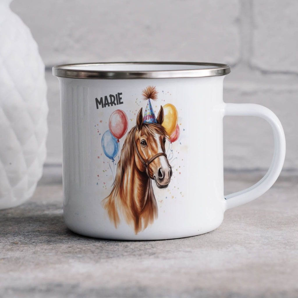 Emaille Tasse Schöne Party-Pferdebecher mit bunten Ballons mit Name personalisiert & Motiv | Geschenkidee (7494) - von Mikalino