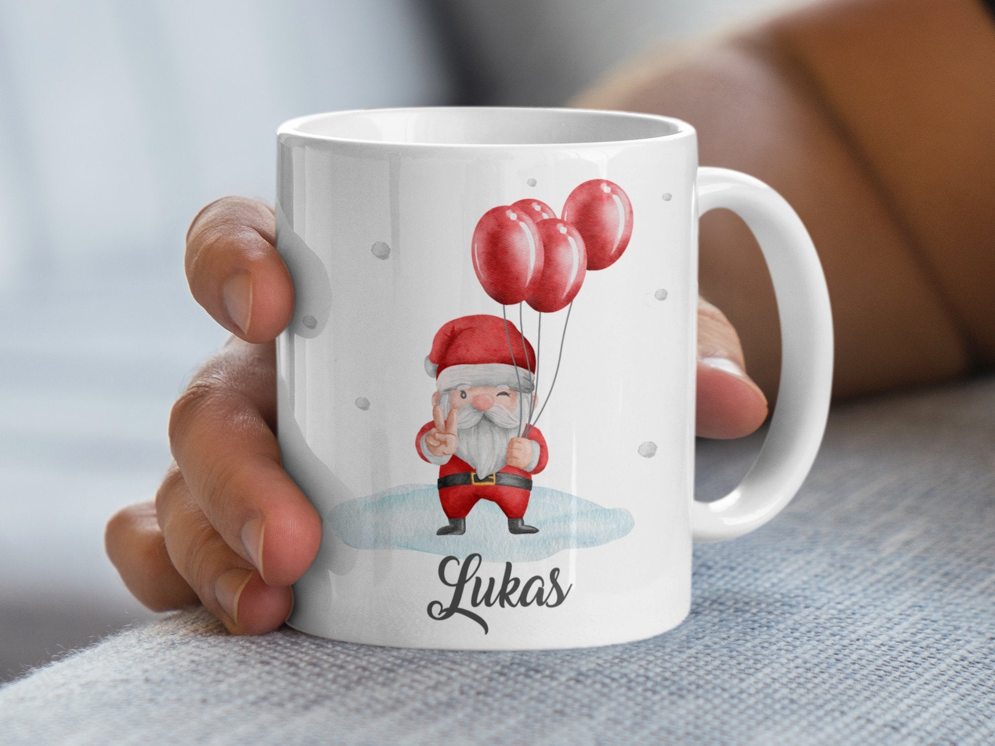 Keramik Tasse Weihnachtsmann mit Ballons mit eigenem Namen