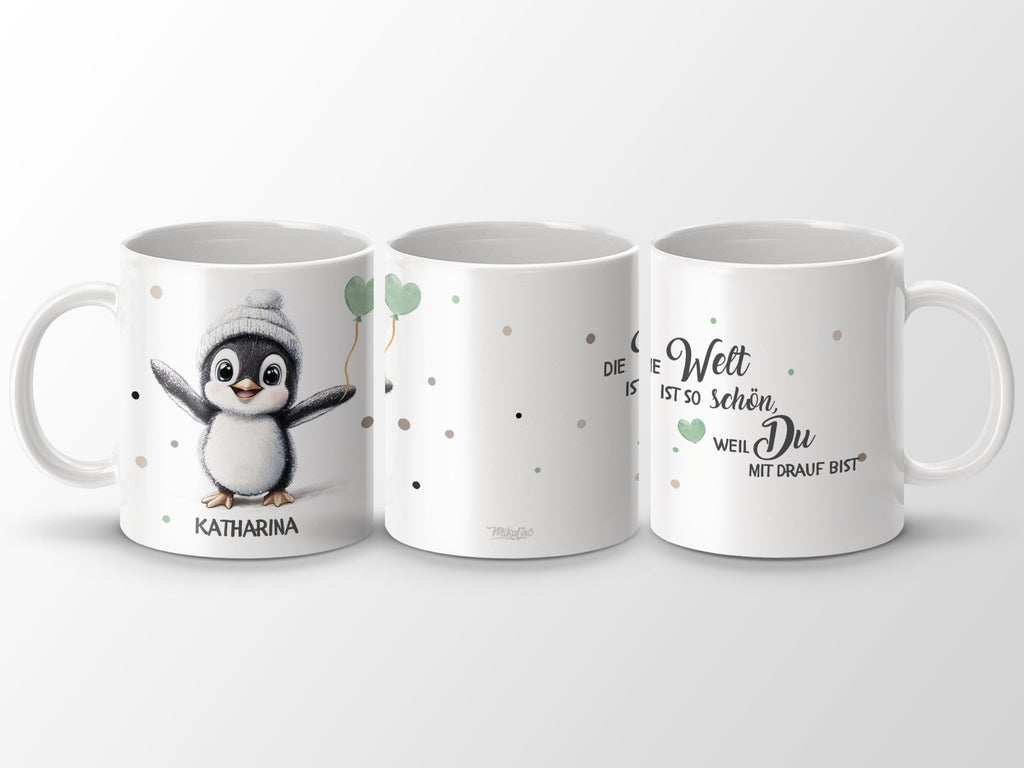 Keramik Tasse mit Wunschname Pinguin Illustration - von Mikalino