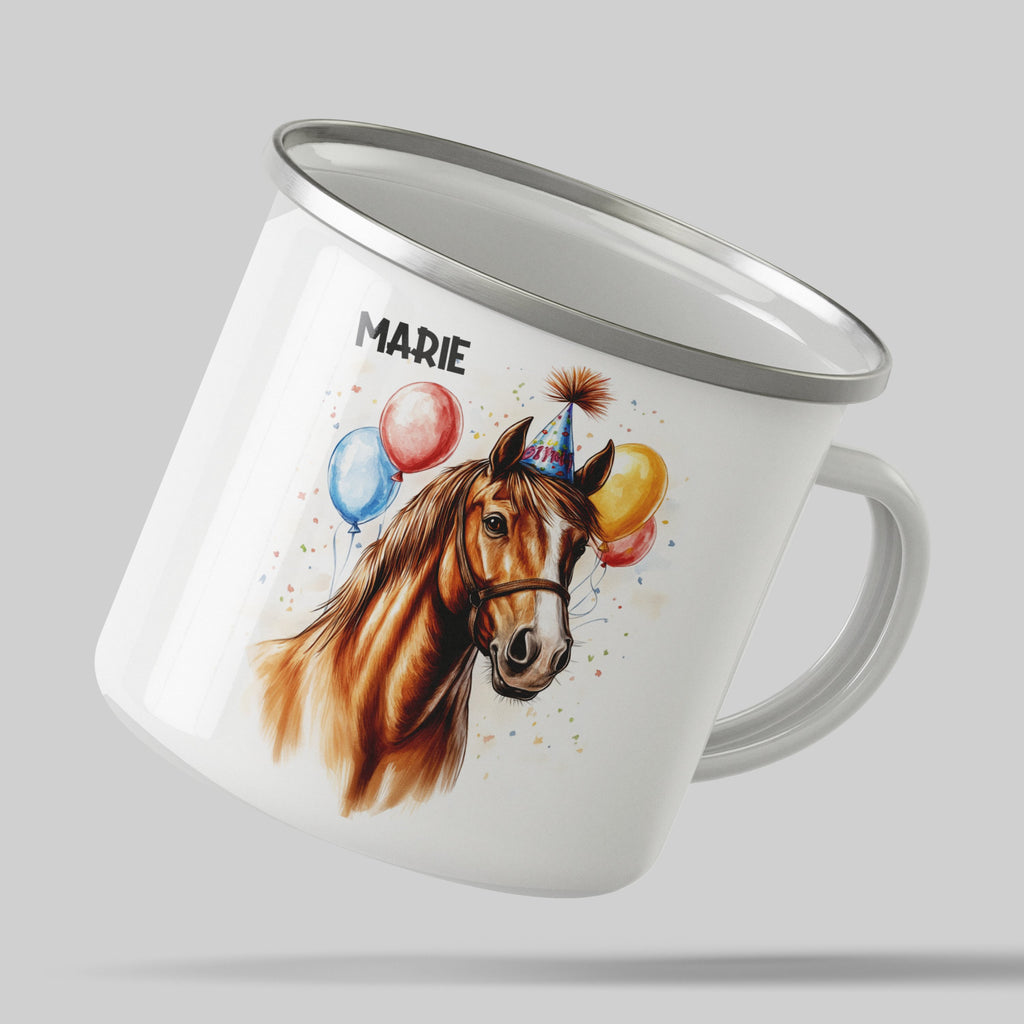 Emaille Tasse Schöne Party-Pferdebecher mit bunten Ballons mit Name personalisiert & Motiv | Geschenkidee (7494) - von Mikalino