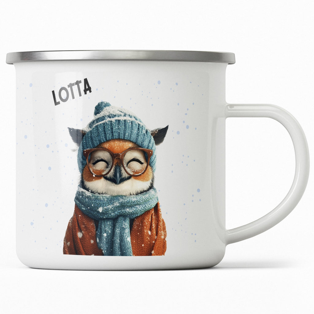 Emaille Tasse Niedlicher Eulen Winter Design Kaffeebecher mit Name personalisiert & Motiv | Geschenkidee (7490) - von Mikalino