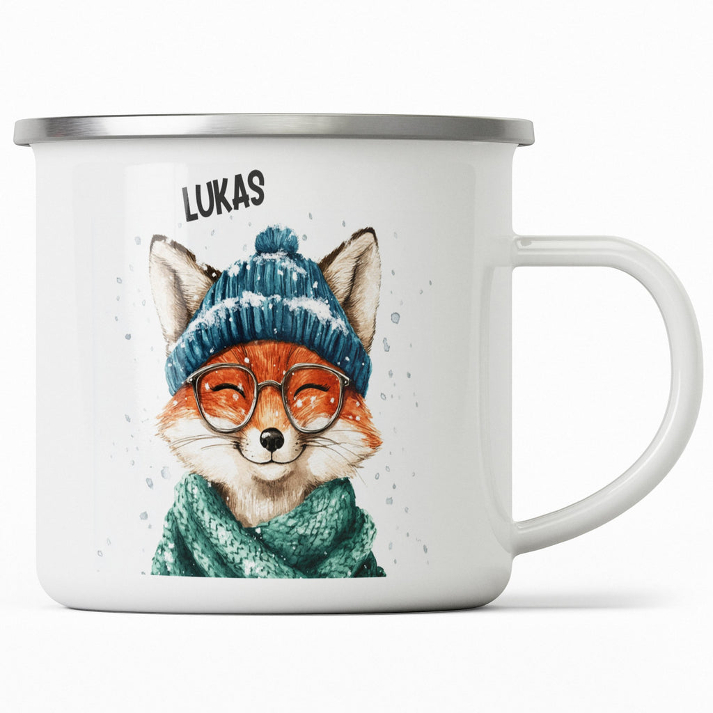 Emaille Tasse Süßer Fuchs mit Brille und Mütze Motiv mit Name personalisiert & Motiv | Geschenkidee (7489) - von Mikalino