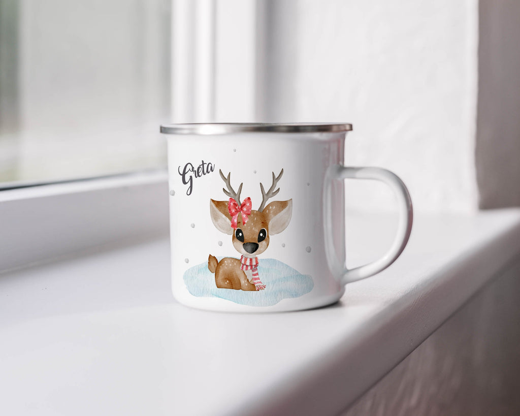 Emaille Tasse Niedliches Rentier mit Schleife und Schal Design Weihnachten mit Name personalisiert & Motiv | Geschenkidee (7473) - von Mikalino