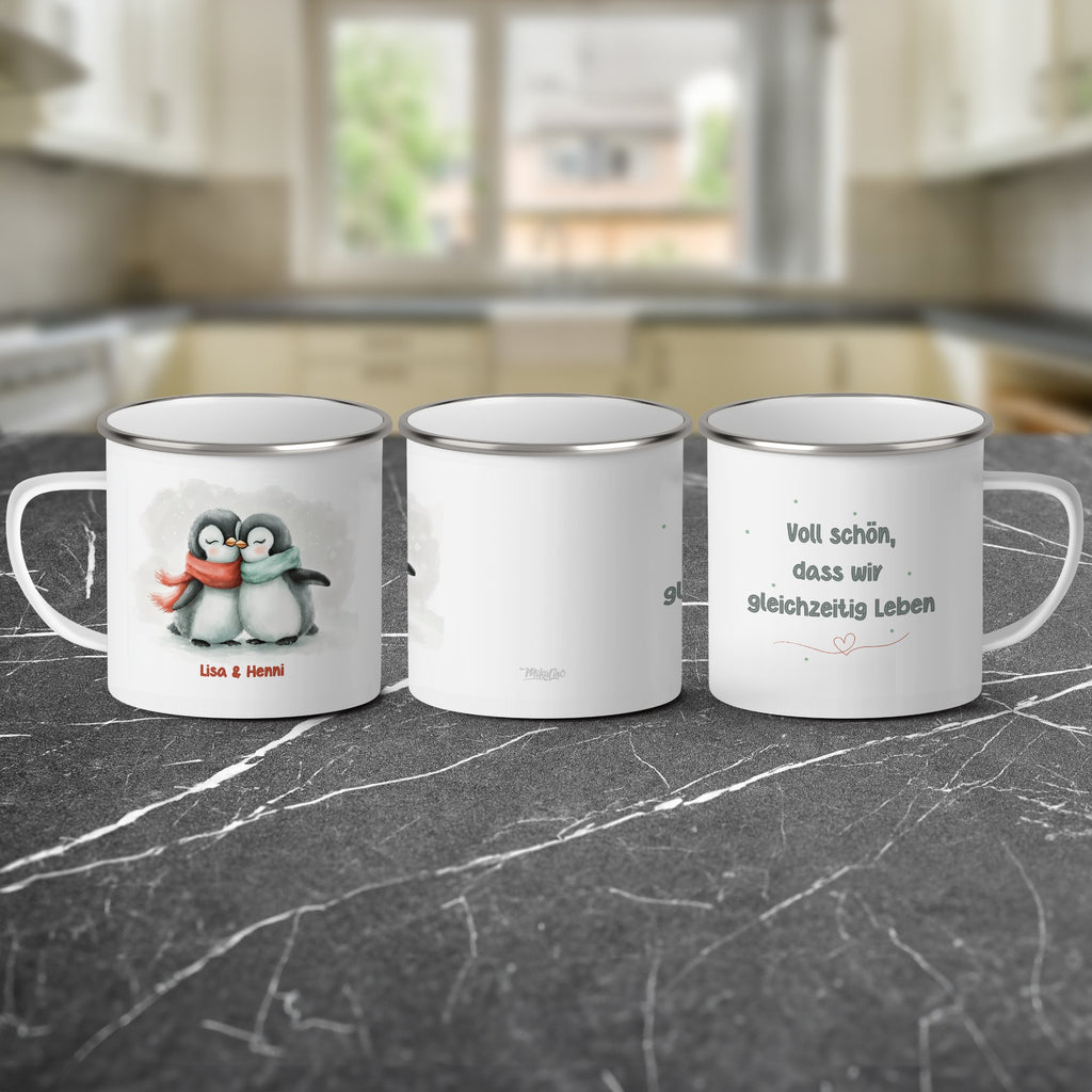 Emaille Tasse Pinguin Pärchen mit Namen Lisa und Henri Design mit Name personalisiert & Motiv | Geschenkidee (7487) - von Mikalino