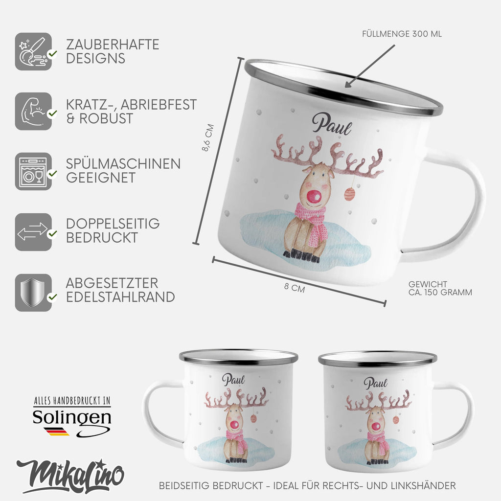 Emaille Tasse Personalisierte Rentier Design Weihnachten mit Name personalisiert & Motiv | Geschenkidee (7472) - von Mikalino