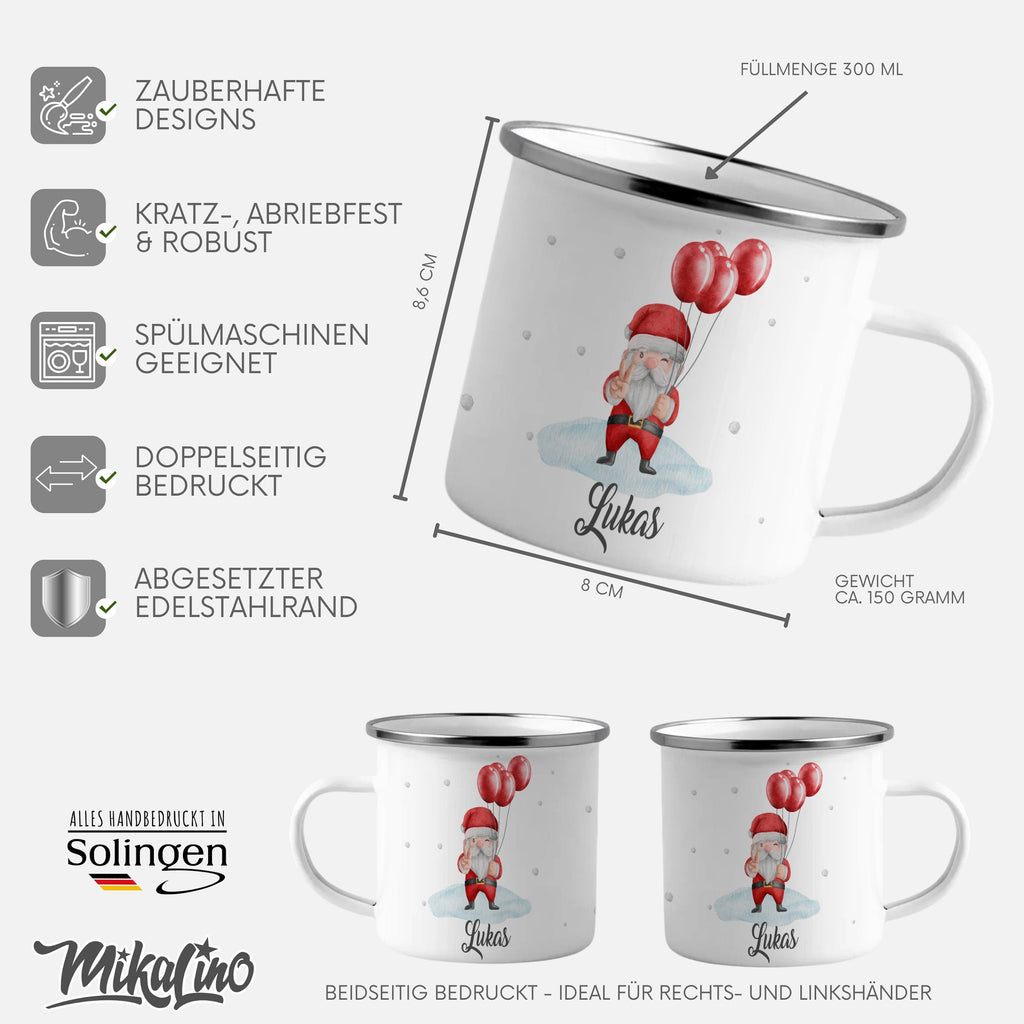 Emaille Tasse Weihnachtsmann mit Luftballons und Name Weihnachten mit Name personalisiert & Motiv | Geschenkidee (7470) - von Mikalino