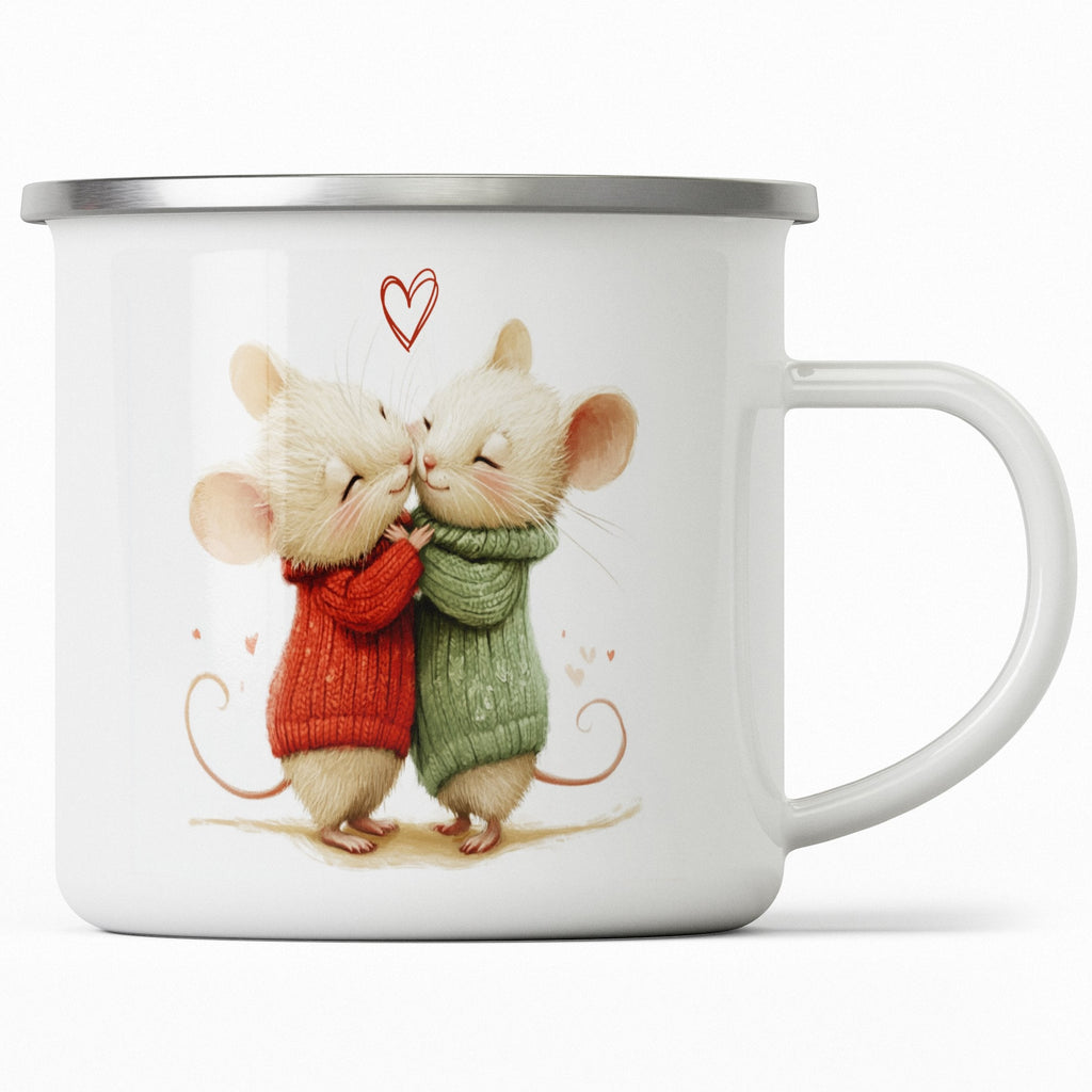 Emaille Tasse Kuschelnde Mäuse mit Pullovern und Herz Motiv mit Name personalisiert & Motiv | Geschenkidee (7485) - von Mikalino