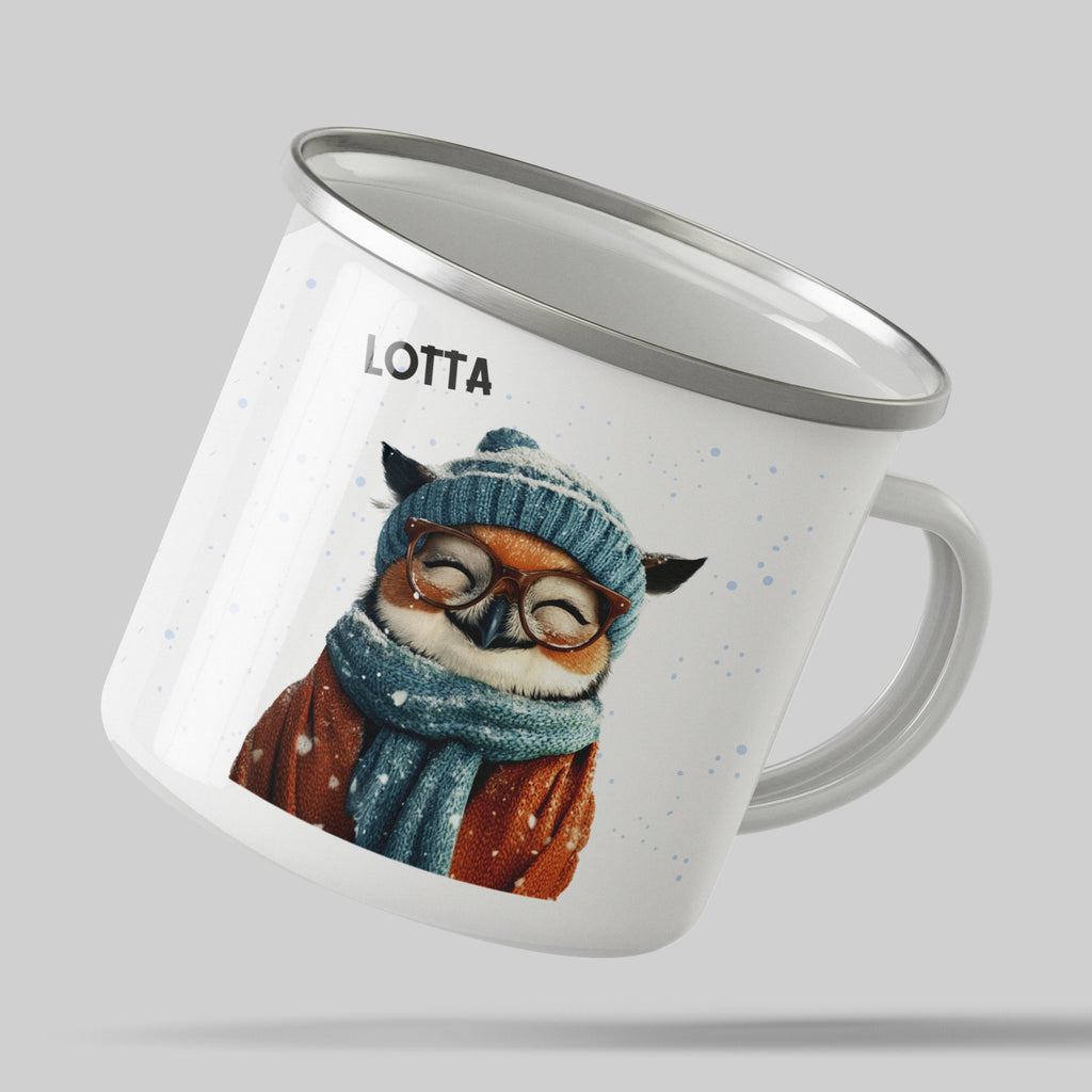 Emaille Tasse Niedlicher Eulen Winter Design Kaffeebecher mit Name personalisiert & Motiv | Geschenkidee (7490) - von Mikalino