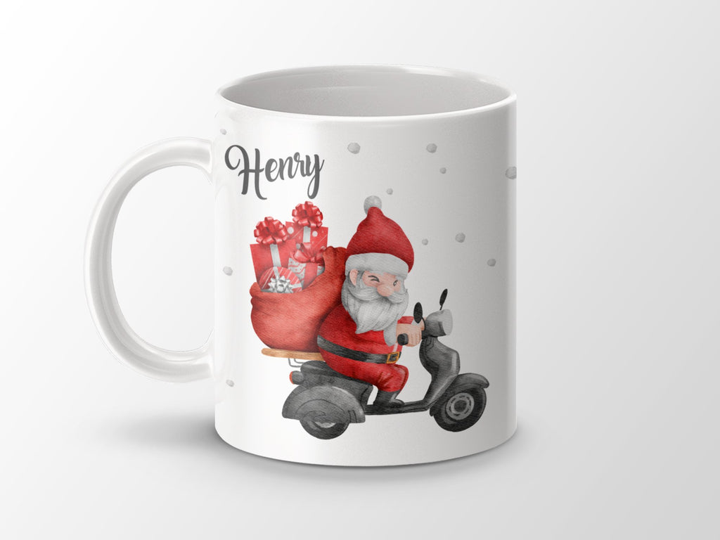 Keramik Tasse mit Name Weihnachtsmann auf Motorroller - von Mikalino