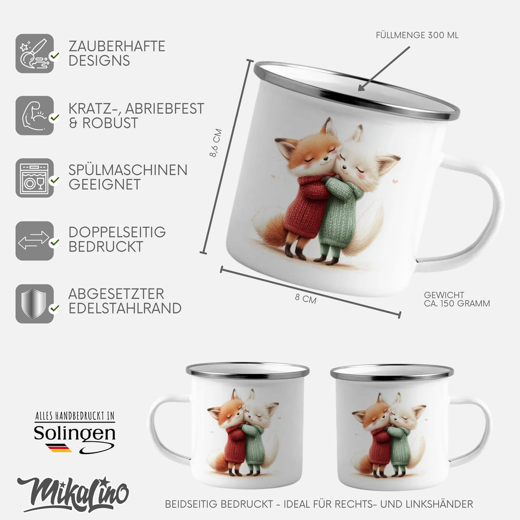 Emaille Tasse Niedliche Umarmung der Füchse Illustration mit Name personalisiert & Motiv | Geschenkidee (7486) - von Mikalino