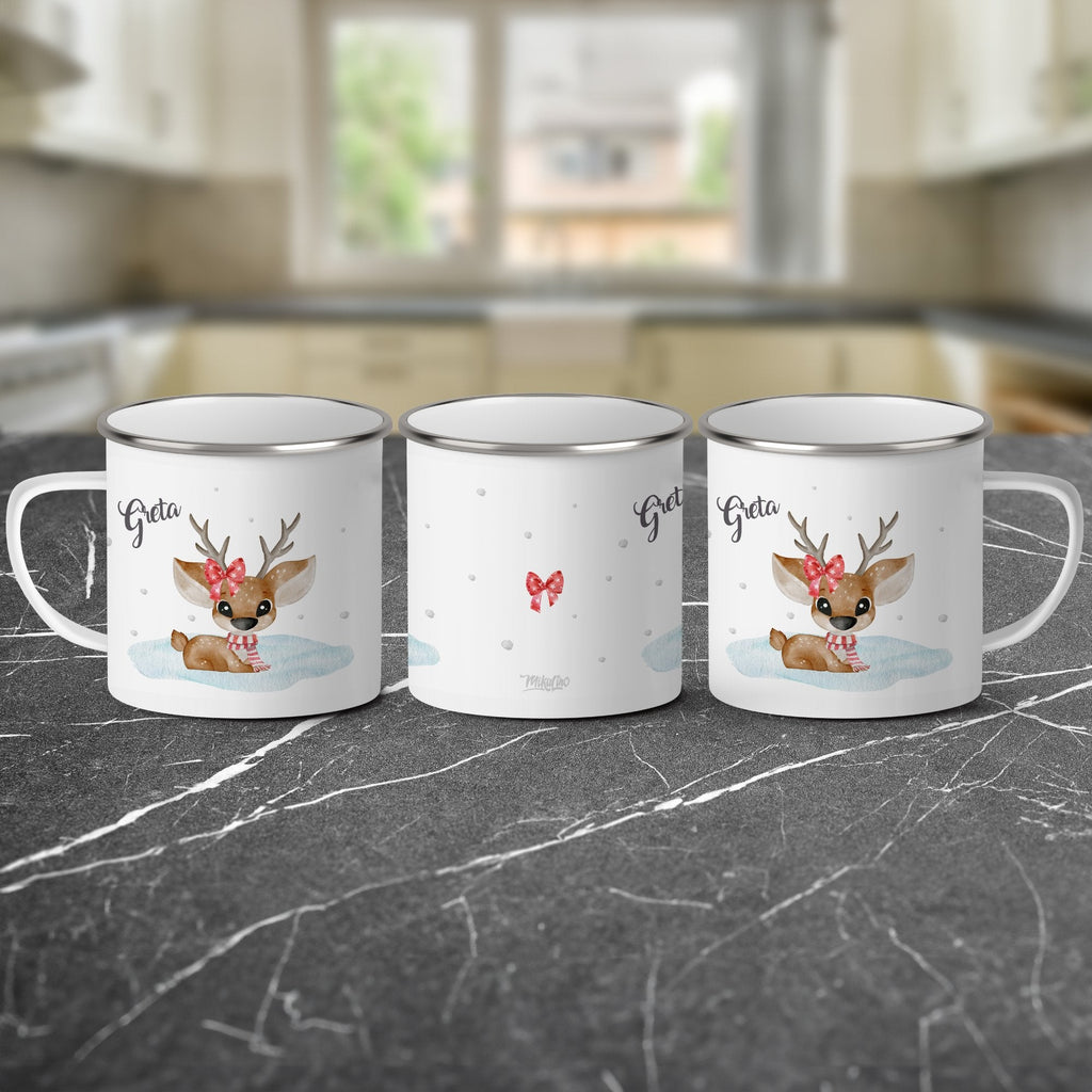 Emaille Tasse Niedliches Rentier mit Schleife und Schal Design Weihnachten mit Name personalisiert & Motiv | Geschenkidee (7473) - von Mikalino