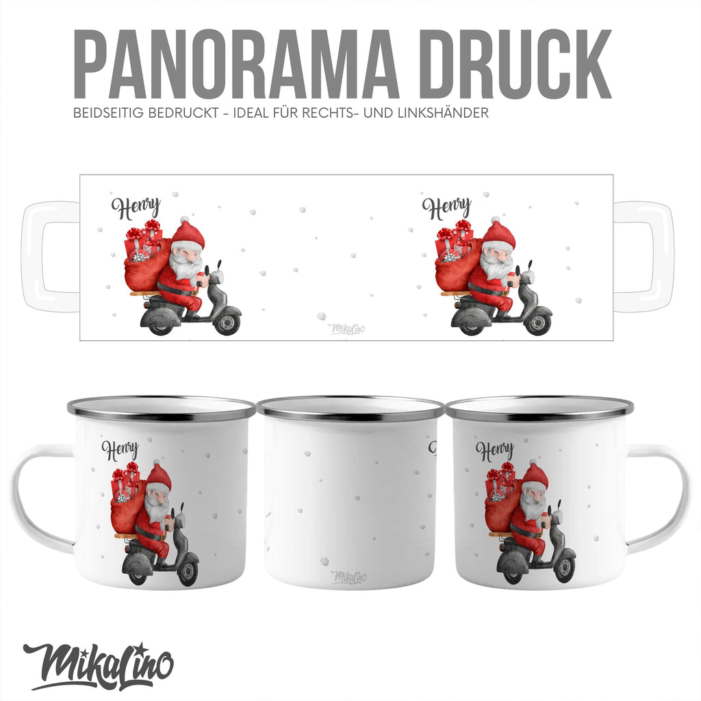 Emaille Tasse Weihnachtsmann auf Motorroller mit Geschenken Weihnachten mit Name personalisiert & Motiv | Geschenkidee (7471) - von Mikalino