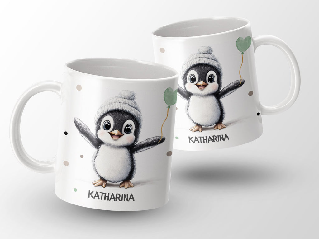 Keramik Tasse mit Wunschname Pinguin - von Mikalino