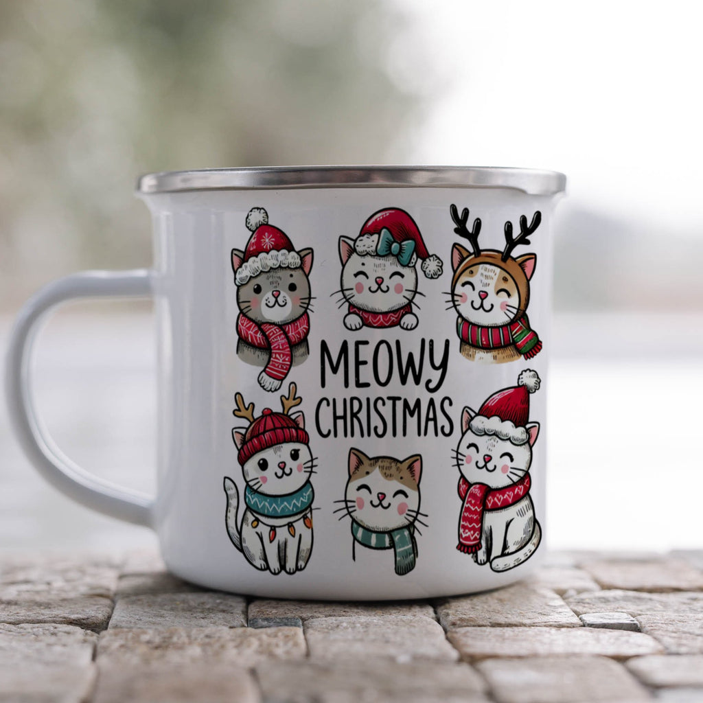 Emaille Tasse Meowy Christmas Weihnachtsbecher Tasse, Kaffee mit Name personalisiert & Motiv | Geschenkidee (7478) - von Mikalino