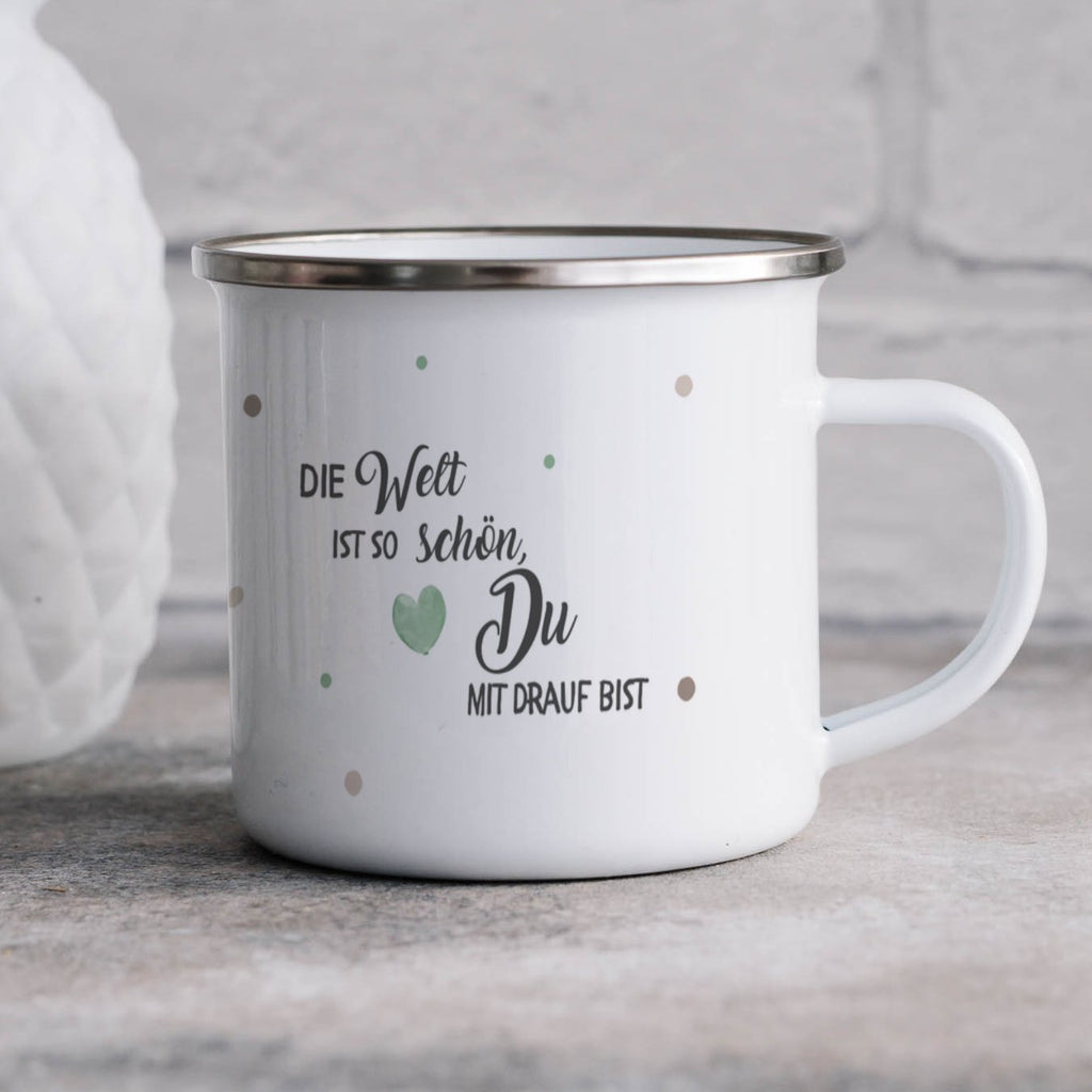 Emaille Tasse Die Welt ist so schön Du mit drauf bist mit Name personalisiert & Motiv | Geschenkidee (7479) - von Mikalino