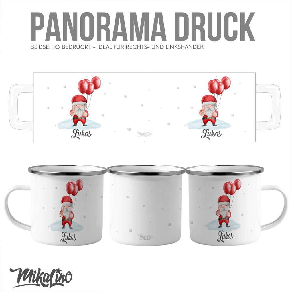 Emaille Tasse Weihnachtsmann mit Luftballons und Name Weihnachten mit Name personalisiert & Motiv | Geschenkidee (7470) - von Mikalino