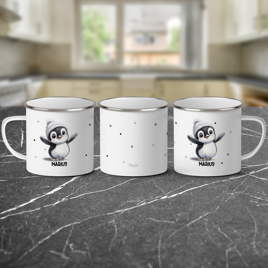 Emaille Tasse Niedliches Pinguin-Design Marius Wintermütze mit Name personalisiert & Motiv | Geschenkidee (7482) - von Mikalino