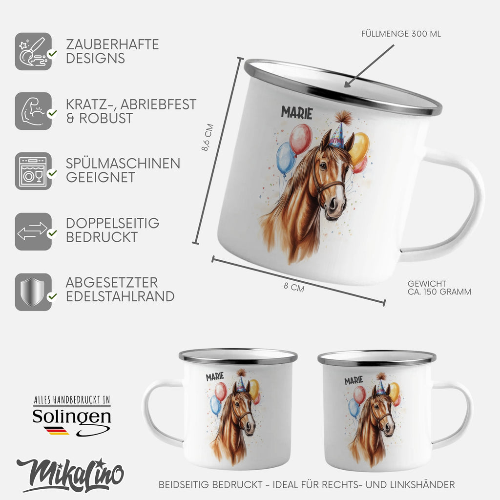 Emaille Tasse Schöne Party-Pferdebecher mit bunten Ballons mit Name personalisiert & Motiv | Geschenkidee (7494) - von Mikalino