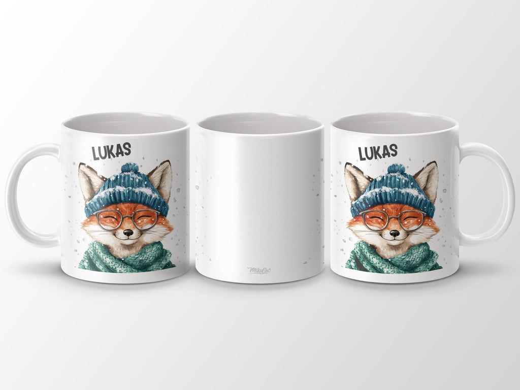 Keramik Tasse mit Wunschname Lustige Fuchs Illustration - von Mikalino