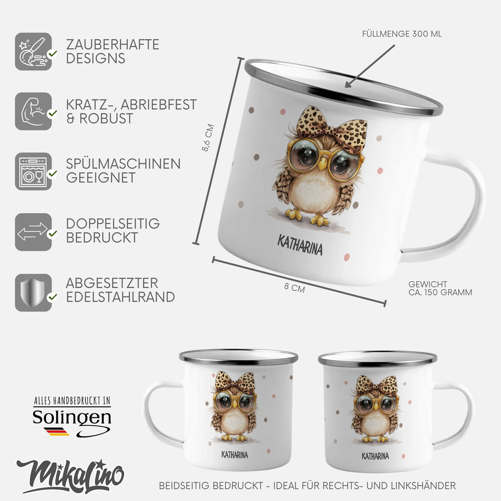 Emaille Tasse Niedliche Eulen Brille Tassen Leopard Schleife mit Name personalisiert & Motiv | Geschenkidee (7475) - von Mikalino