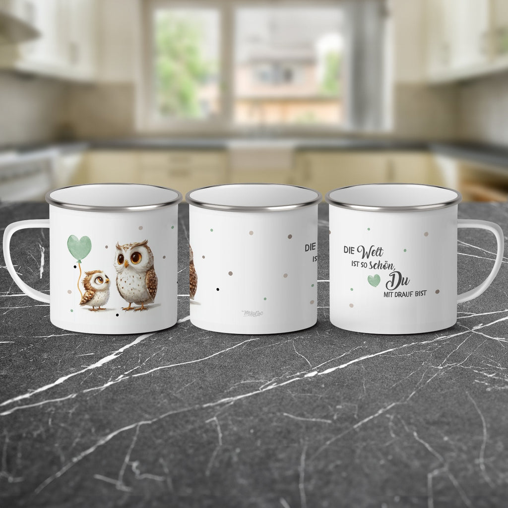 Emaille Tasse Die Welt ist so schön Du mit drauf bist mit Name personalisiert & Motiv | Geschenkidee (7478) - von Mikalino