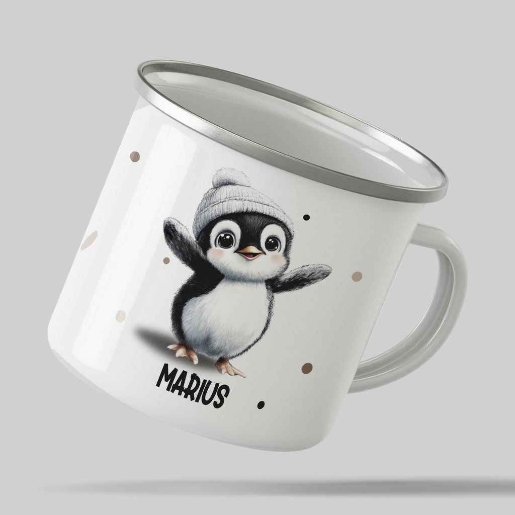 Emaille Tasse Niedliches Pinguin-Design Marius Wintermütze mit Name personalisiert & Motiv | Geschenkidee (7482) - von Mikalino