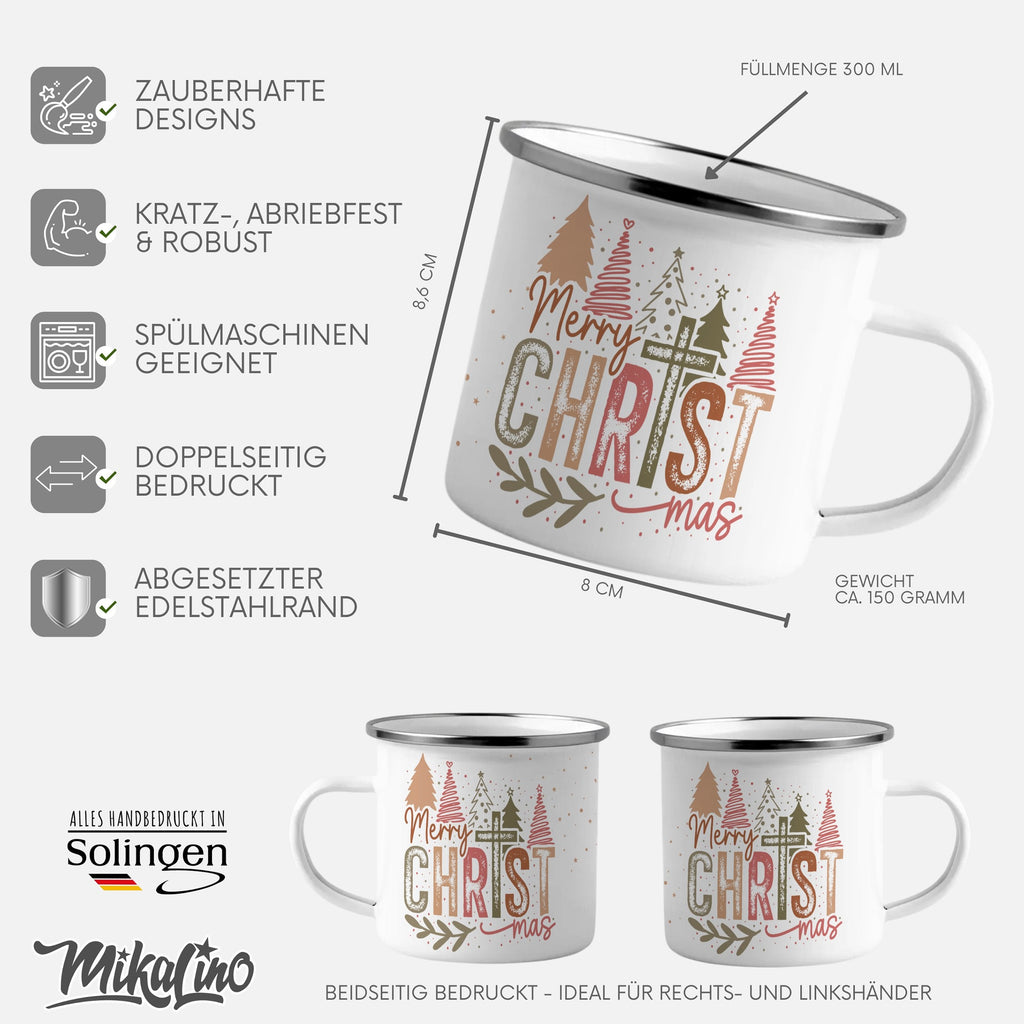 Emaille Tasse Merry Christmas Mug, Festliche Weihnachtsbecher, Wintergeschenkidee mit Name personalisiert & Motiv | Geschenkidee (7477) - von Mikalino