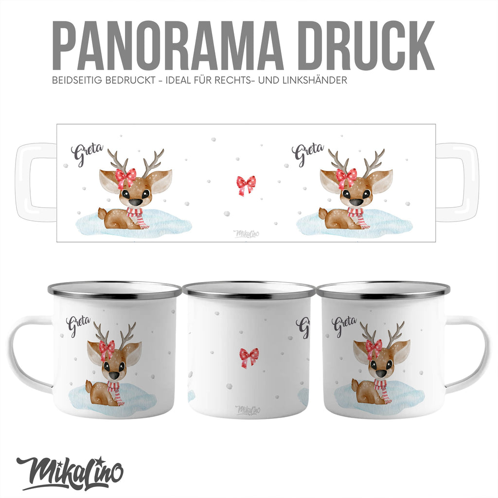 Emaille Tasse Niedliches Rentier mit Schleife und Schal Design Weihnachten mit Name personalisiert & Motiv | Geschenkidee (7473) - von Mikalino