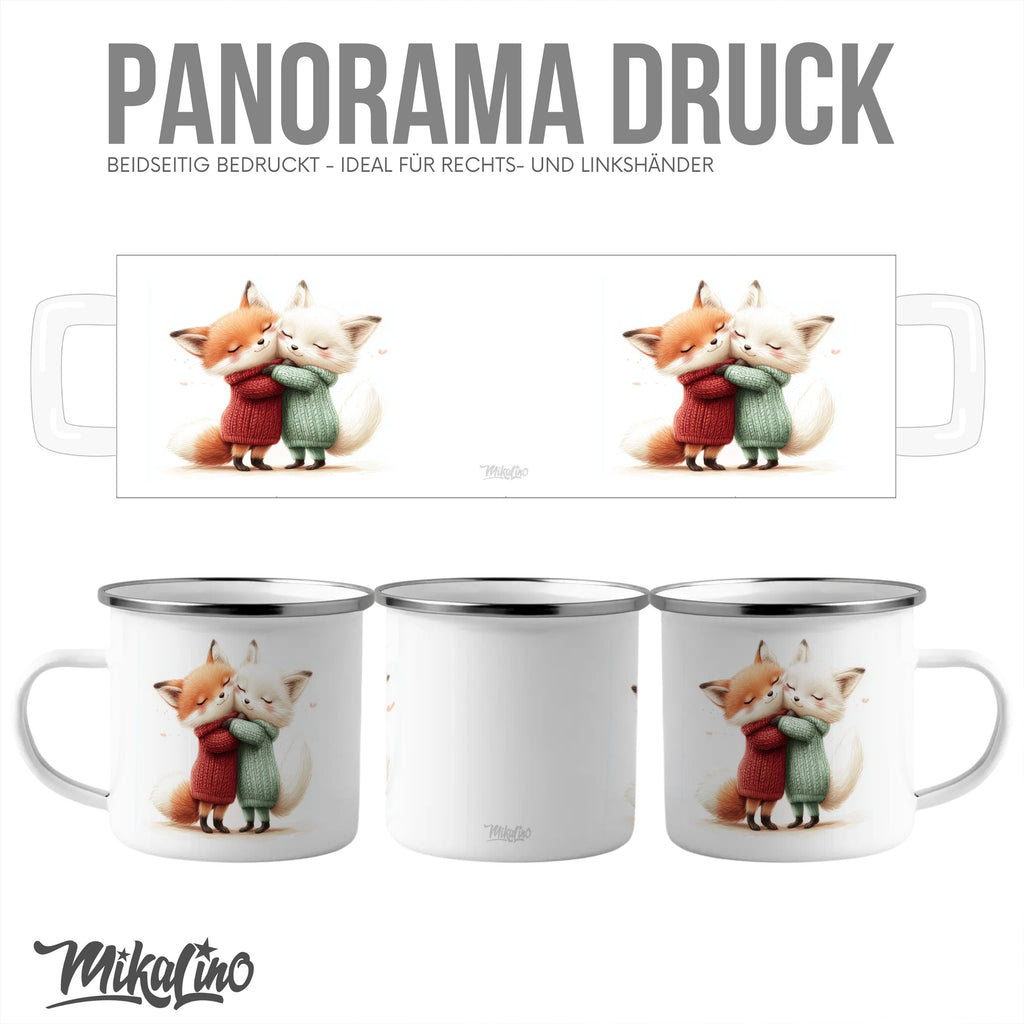 Emaille Tasse Niedliche Umarmung der Füchse Illustration mit Name personalisiert & Motiv | Geschenkidee (7486) - von Mikalino