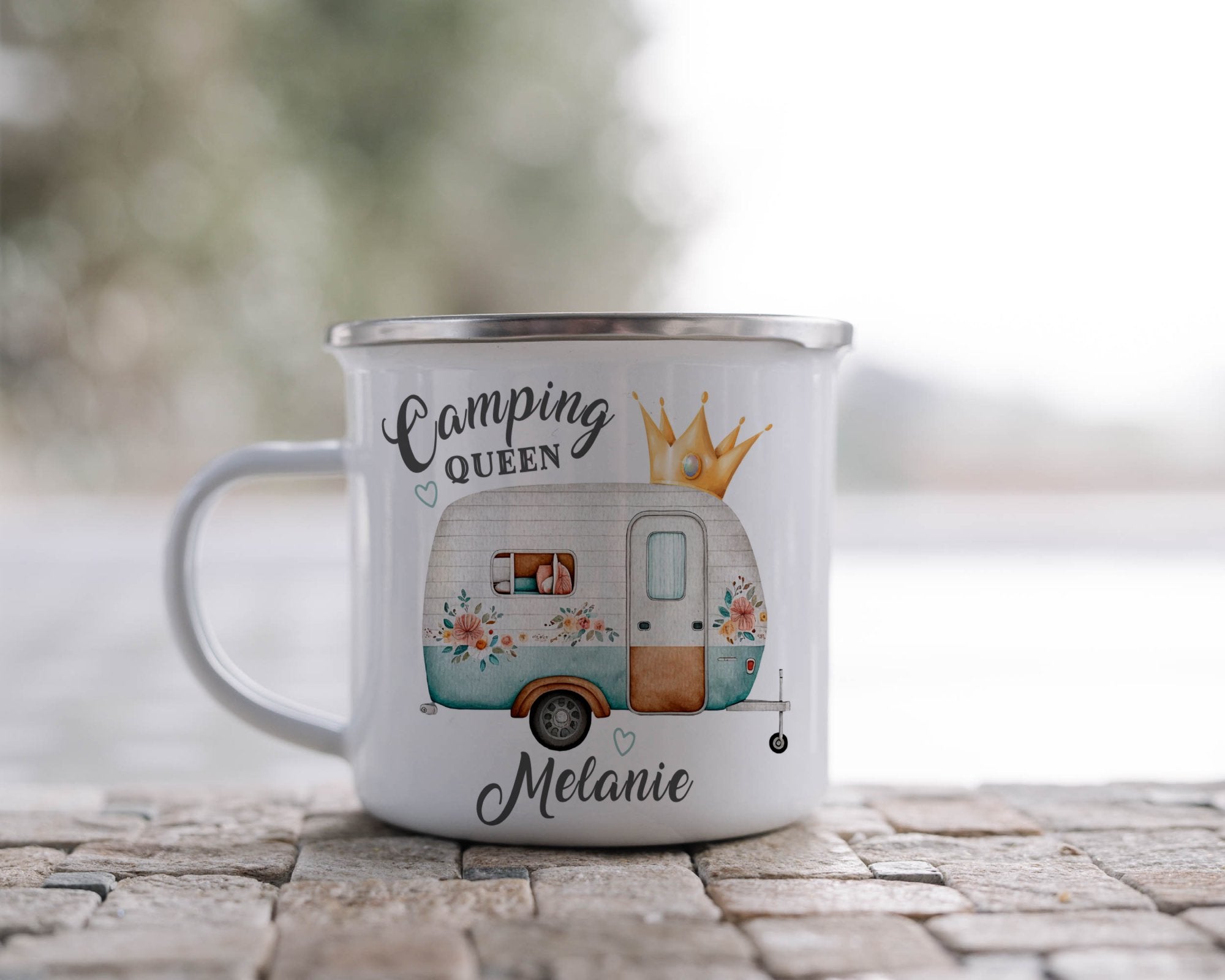Camping Queen Emaille Tasse personalisiert