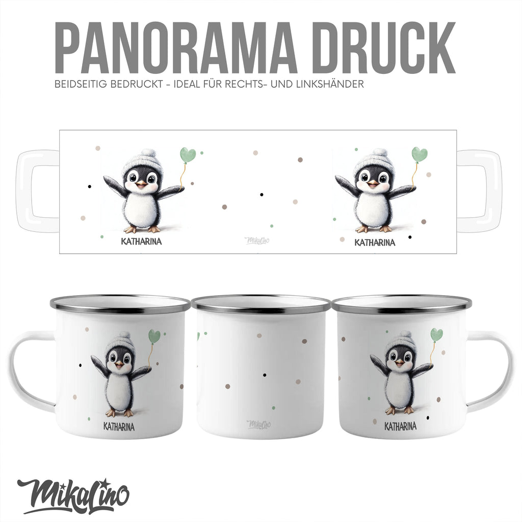 Emaille Tasse Pinguin mit Herzballon Katharina mit Name personalisiert & Motiv | Geschenkidee (7480) - von Mikalino