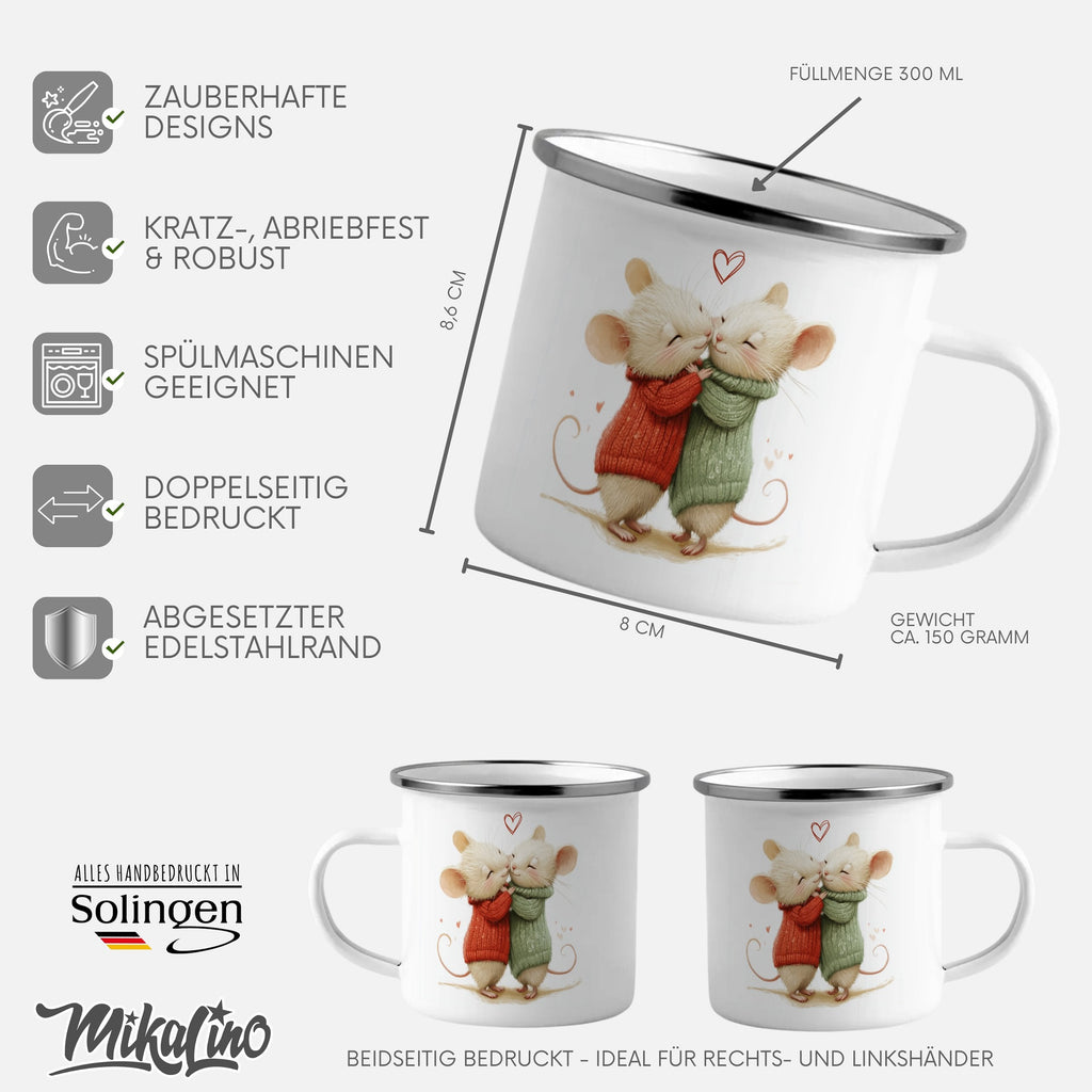 Emaille Tasse Kuschelnde Mäuse mit Pullovern und Herz Motiv mit Name personalisiert & Motiv | Geschenkidee (7485) - von Mikalino