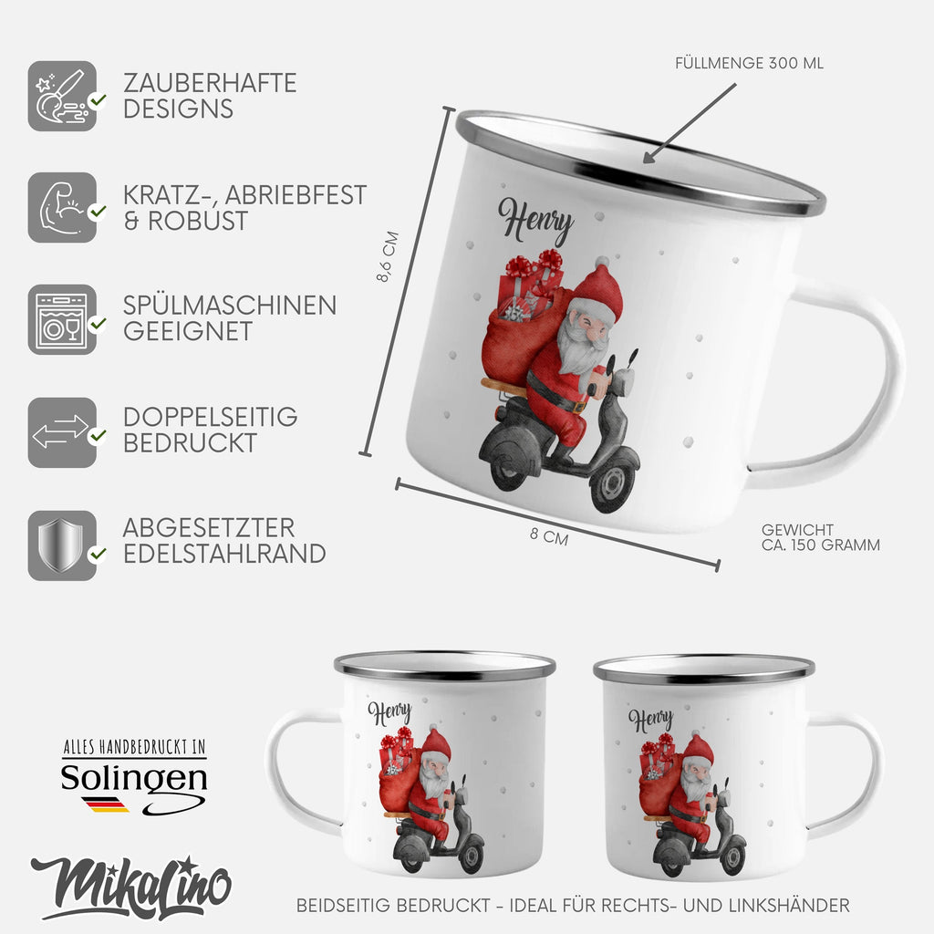 Emaille Tasse Weihnachtsmann auf Motorroller mit Geschenken Weihnachten mit Name personalisiert & Motiv | Geschenkidee (7471) - von Mikalino