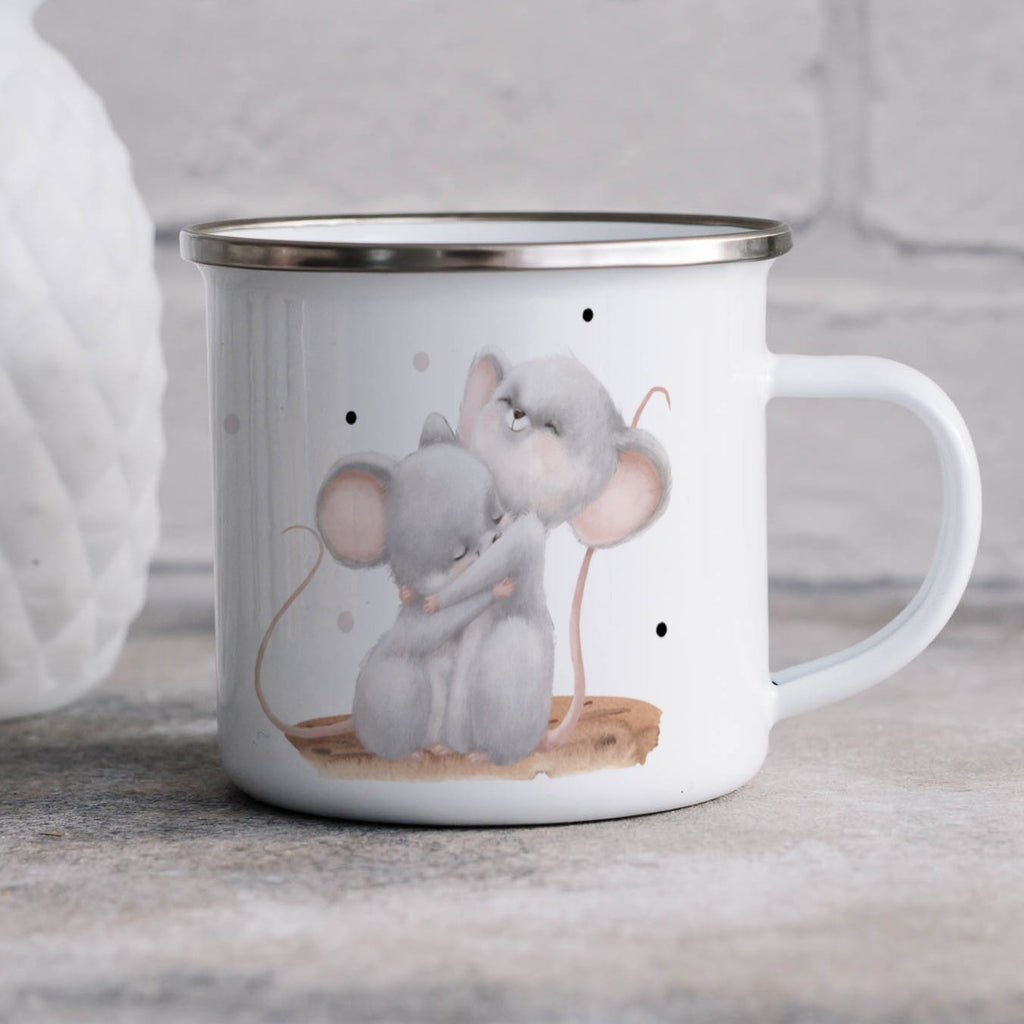 Emaille Tasse Bezaubernde Knuddelnd Mäuse Design Kaffeebecher mit Name personalisiert & Motiv | Geschenkidee (7484) - von Mikalino