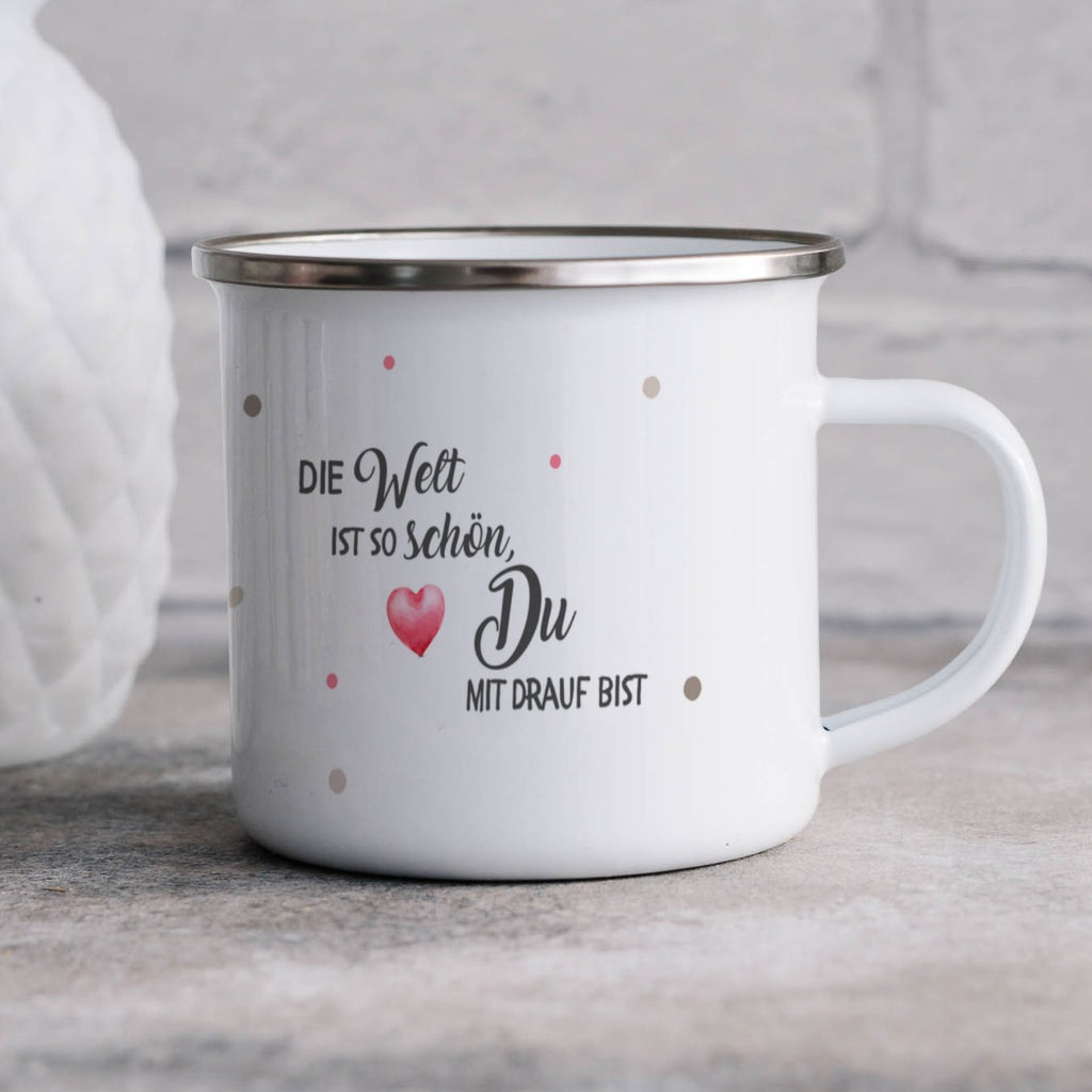 Emaille Tasse Die Welt ist so schön Du mit Name personalisiert & Motiv | Geschenkidee (7477) - von Mikalino