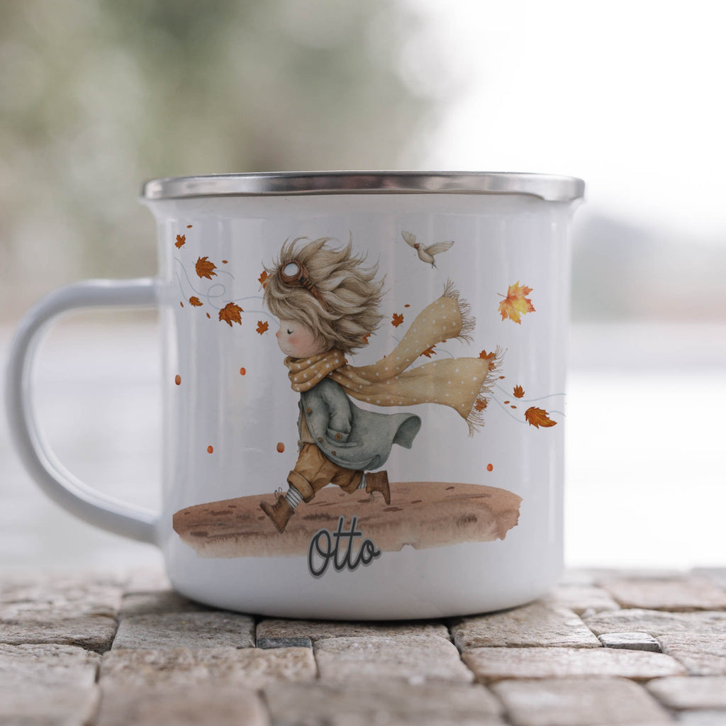 Autumn Themed Mug Featuring Child With Leaves product type