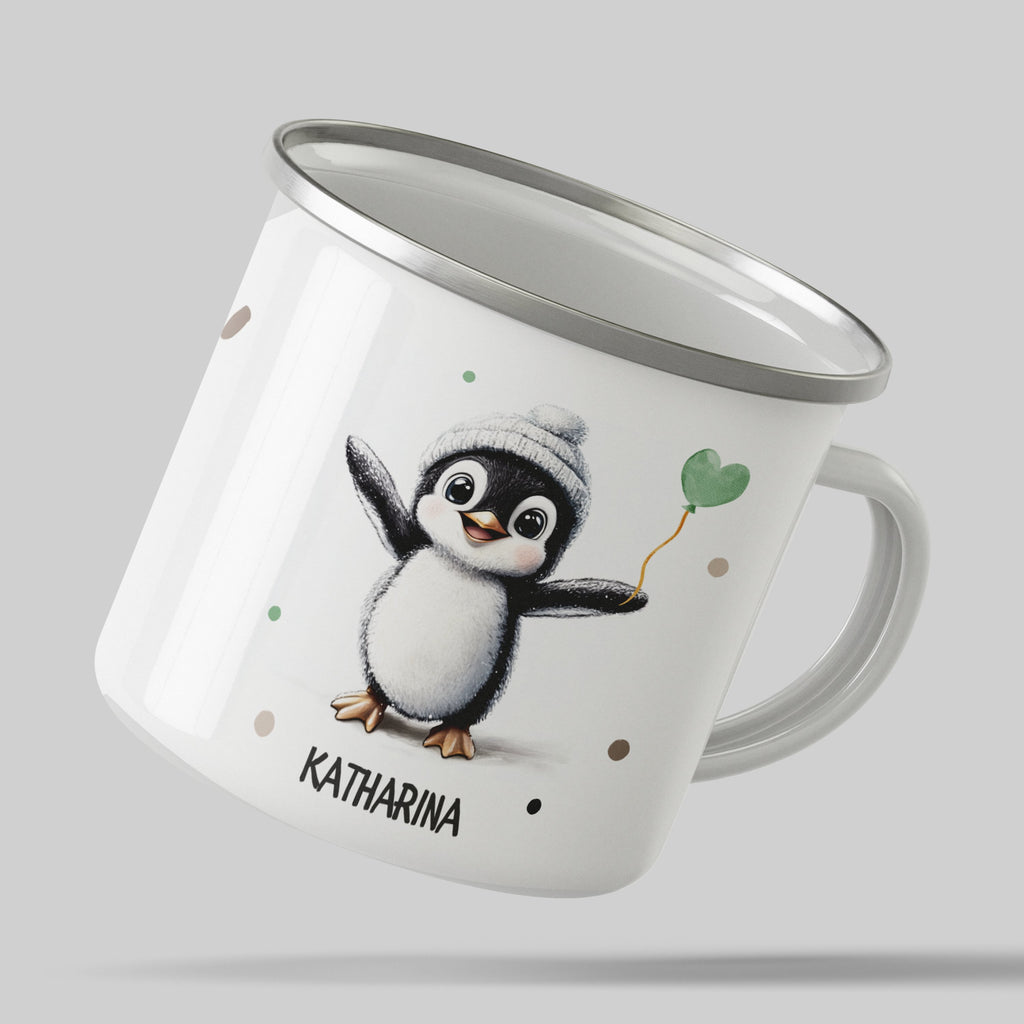 Emaille Tasse Pinguin mit Herzballon Katharina mit Name personalisiert & Motiv | Geschenkidee (7480) - von Mikalino