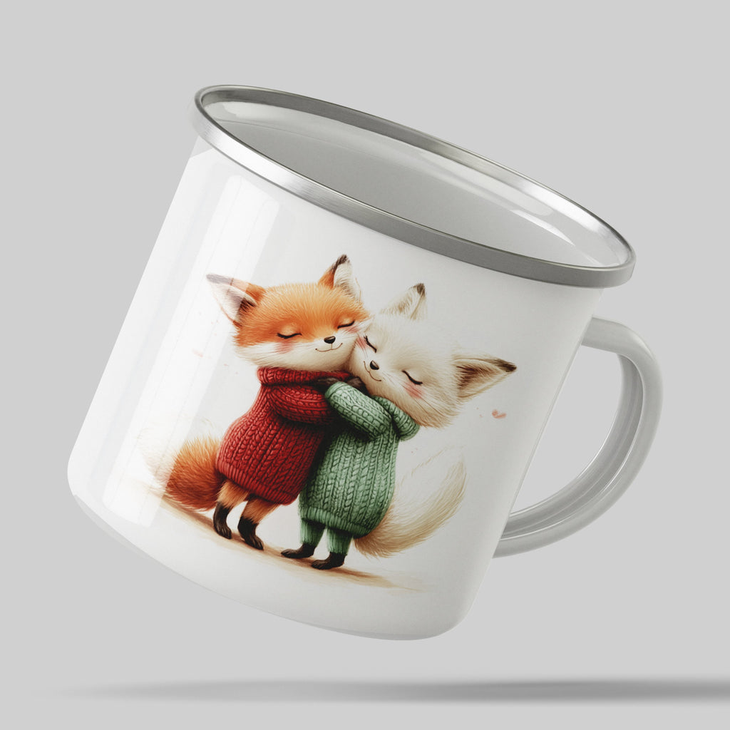 Emaille Tasse Niedliche Umarmung der Füchse Illustration mit Name personalisiert & Motiv | Geschenkidee (7486) - von Mikalino