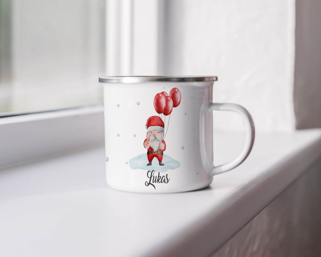 Emaille Tasse Weihnachtsmann mit Luftballons und Name Weihnachten mit Name personalisiert & Motiv | Geschenkidee (7470) - von Mikalino